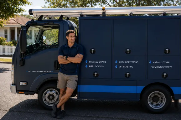 Plumber standing beside a service van in Liverpool