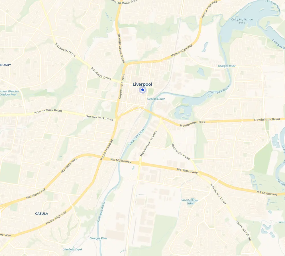 Map of the Liverpool service area and the surrounding South-West, showing Liverpool and the nearby streets we cover.