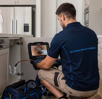 Plumber clearing a blocked toilet in a Liverpool bathroom
